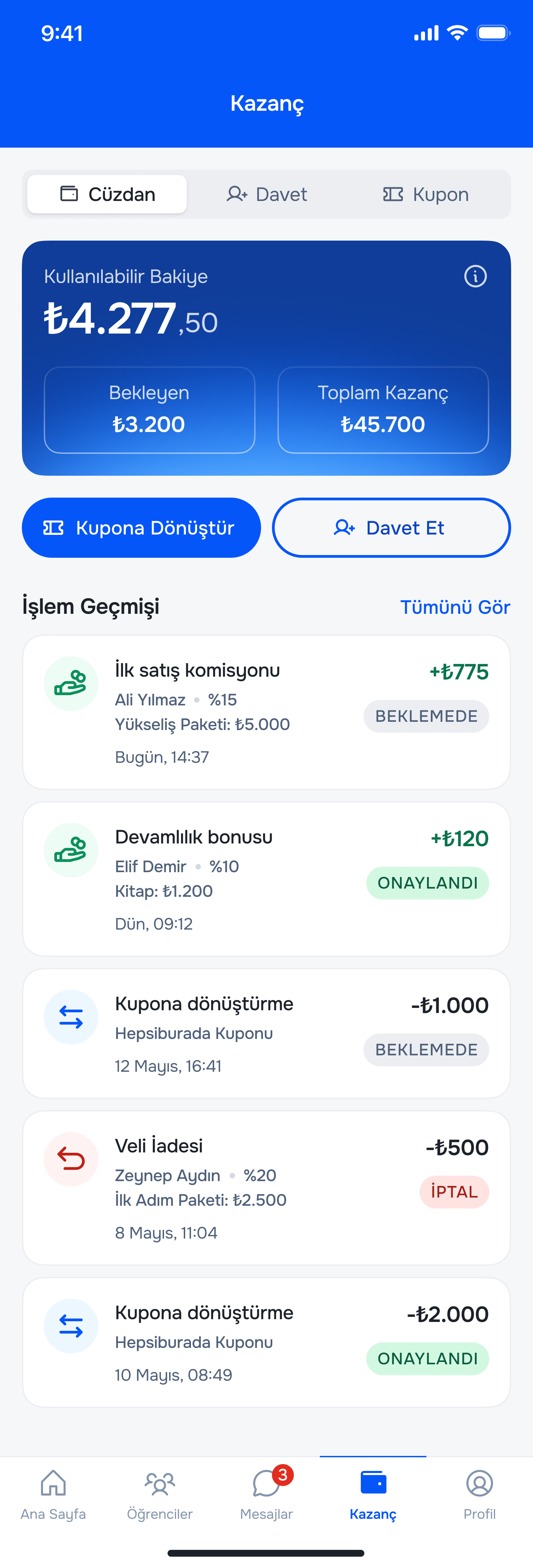 Cüzdan, bakiye ve işlem geçmişi