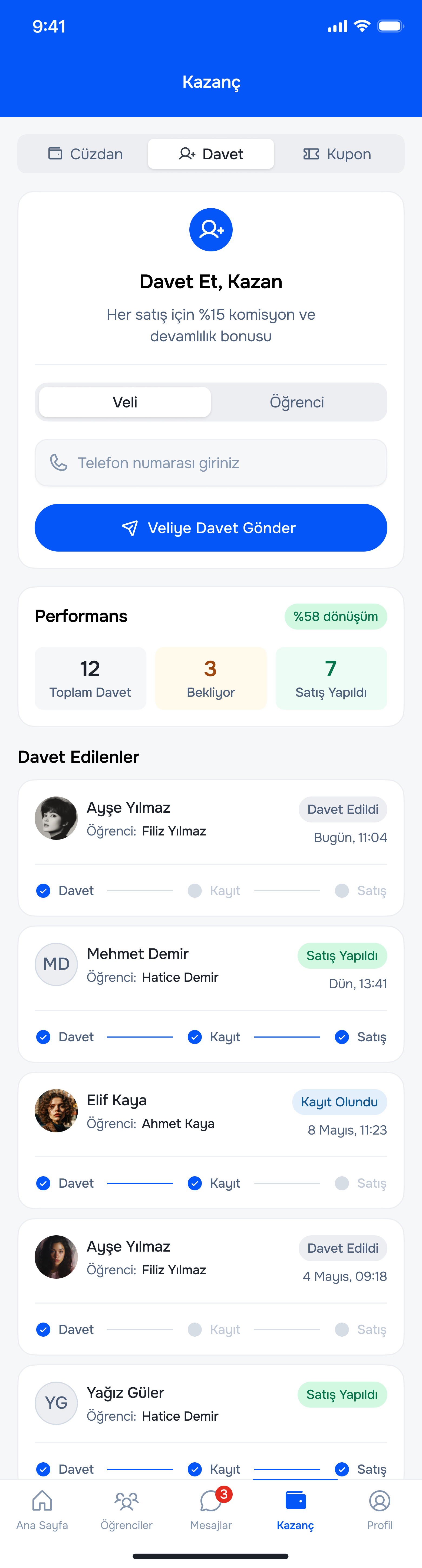 Davet et, kazan — performans takibi