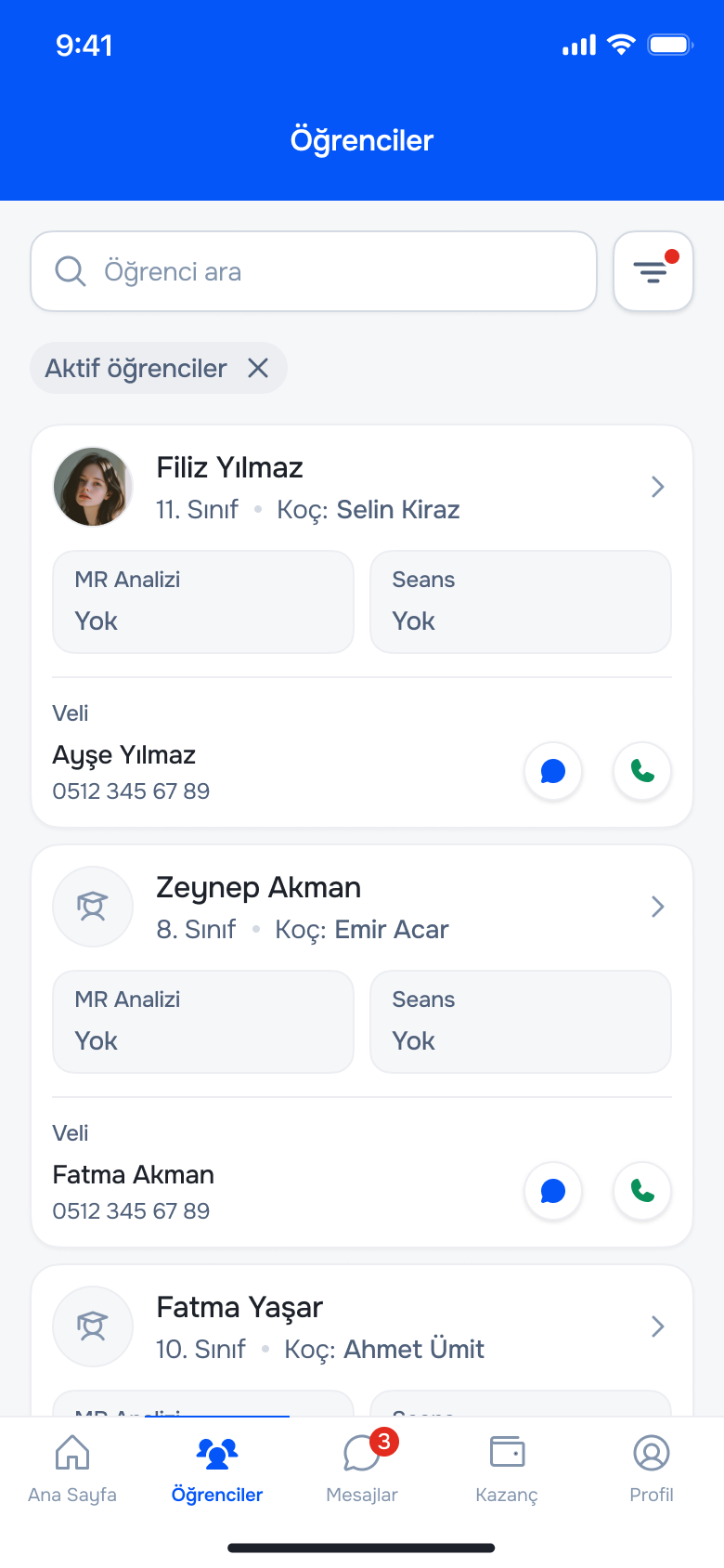 Öğrenci listesi ve veli iletişimi